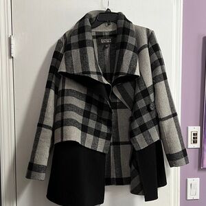 Badgley Mischka Black and Gray Plaid Wool-Blend Pea Coat